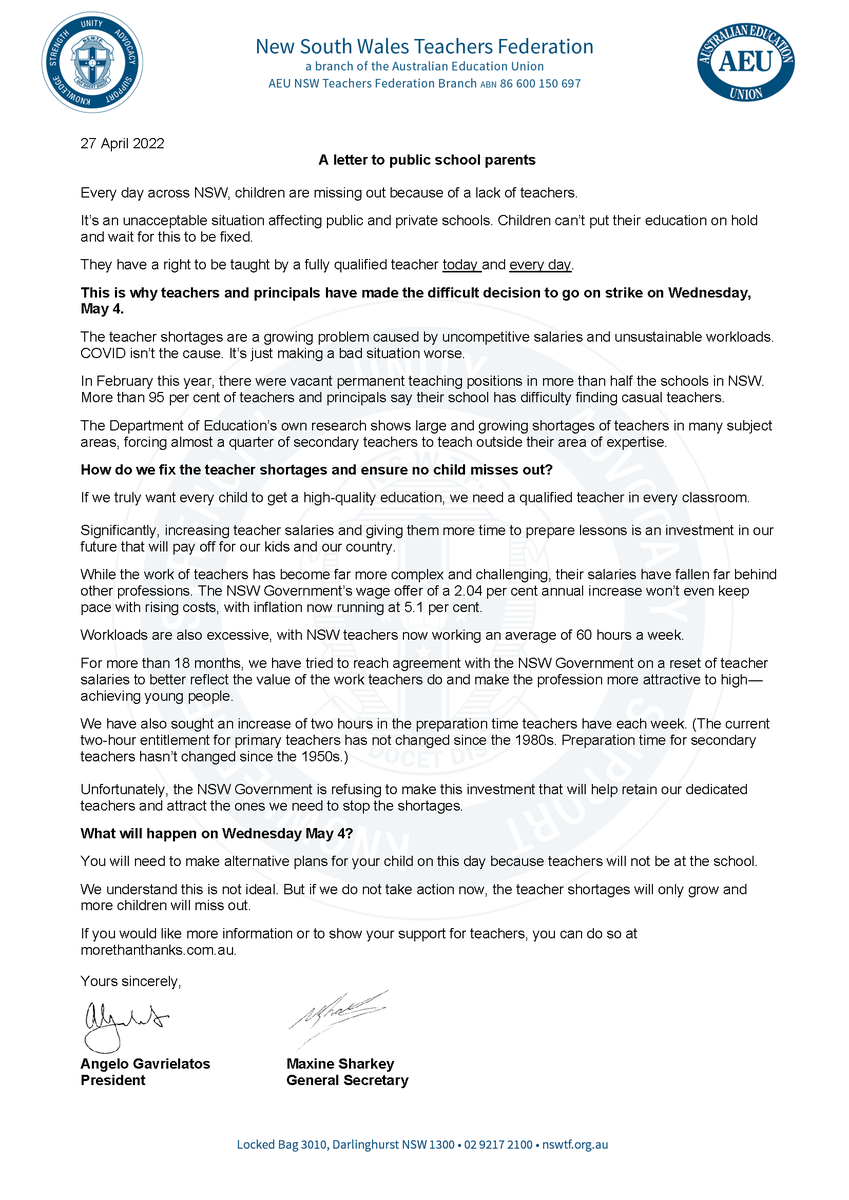 TeachersFed's tweet image. This is our letter to parents that the DoE doesn’t want them to read.
They&apos;re trying to stop the distribution of this letter so only their spin gets through.
Share it widely so parents know the real reasons why we have to stand up for students &amp;amp; the profession on May 4.
