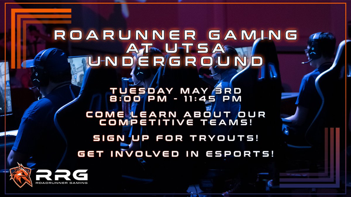RRGUTSA's tweet photo. Roadrunner Gaming is coming to UTSA Underground, who are we gonna see there?!
(More details to come the day of)
#utsa #utsaunderground @utsa_mob https://t.co/oSTV3rKtPA
