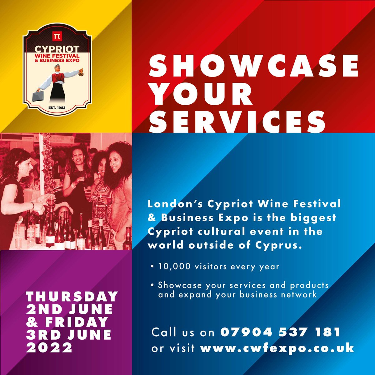 CyWineFest's tweet photo. #CWFExpo provides a dominant platform for both B2B and B2C business opportunities.
2-days of business, entertainment and wine... all under one roof!
Secure your stand NOW (limited spaces): https://t.co/E8t6OCcpj3
#CyWineFest
#LondonNetworkingEvent #Enfield https://t.co/PMxxHEbkrL