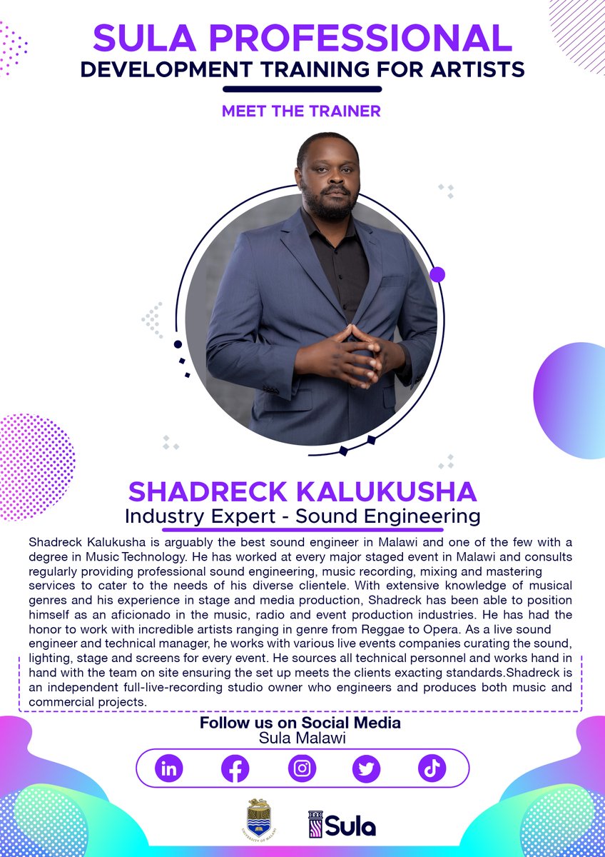 sula_malawi's tweet photo. Shadreck Kalukusha, one of the trainers in #soundengineering for @sula_malawi professional development training for artists.
#Sula #Sulatraining #UnimaFPA #soungengineering https://t.co/zo1xzR6SpR