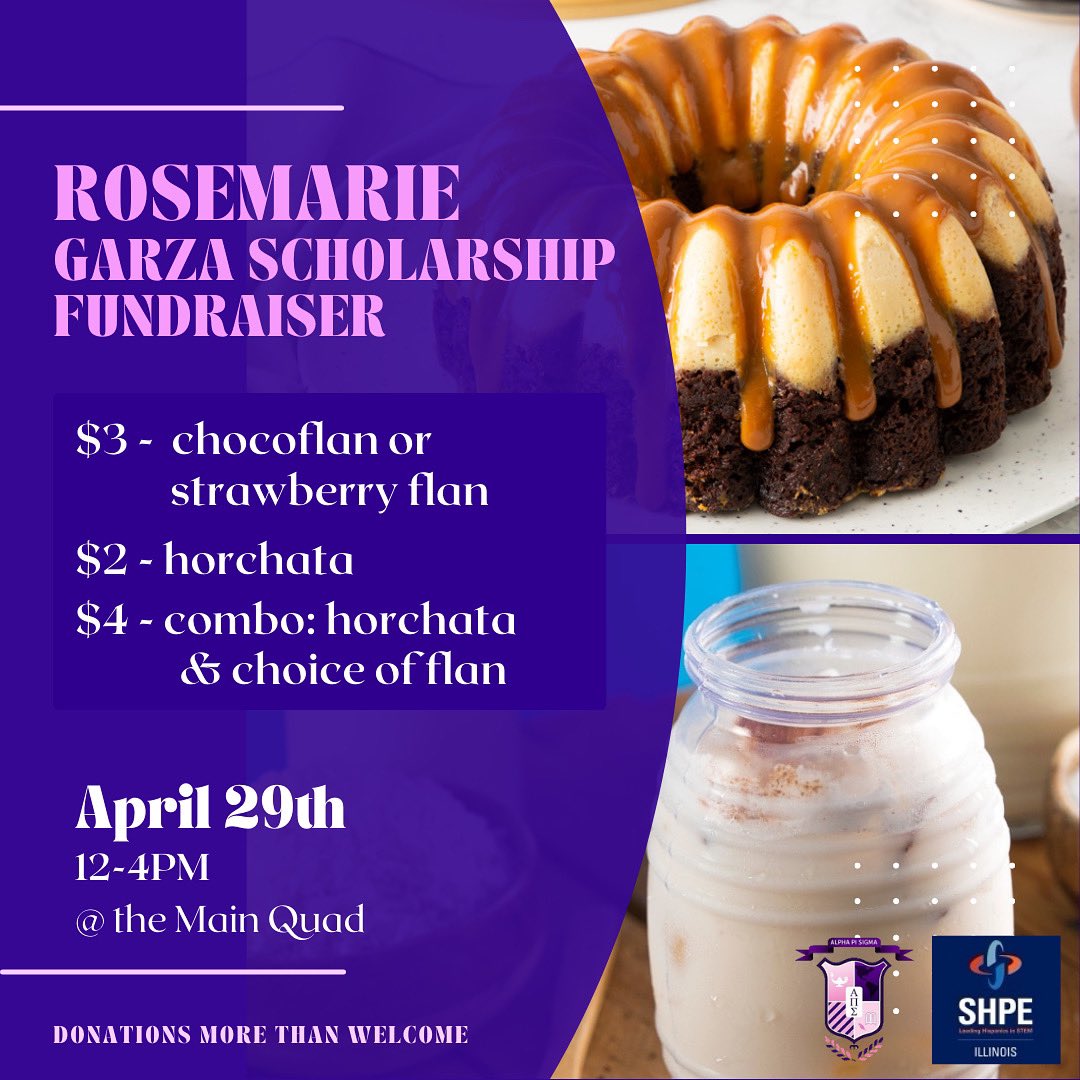 uiuc_alphas's tweet photo. This Friday we’ll be hosting a collaborative fundraiser with SHPE to sell horchata, chocoflan and strawberry flan sale to raise the funds for the Rosemarie Garza Scholarship. These desserts were some of Rose’s favorite foods and we wanted this to reflect her favorites 🤍 https://t.co/KWJ6R383cY