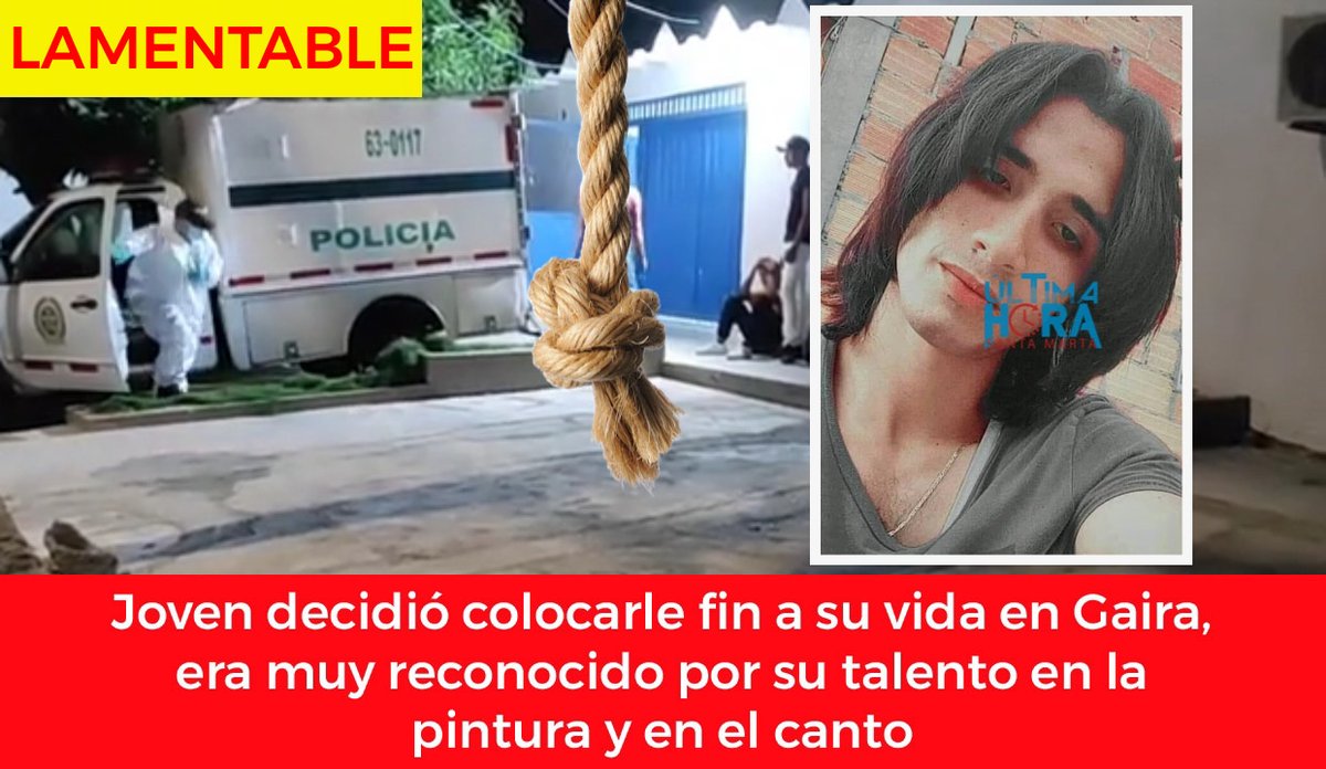 UltimaHoraSM's tweet photo. #Atención | Joven en Gaira decidió acabar con su vida ah0rcándos€

Hace pocos minutos el joven Elkin Álvarez Soto, de 21 años de edad, decidió acabar con su vida de manera de ahorcamient0 en el barrio el Socorro de Gaira. https://t.co/8jOEehHSDw