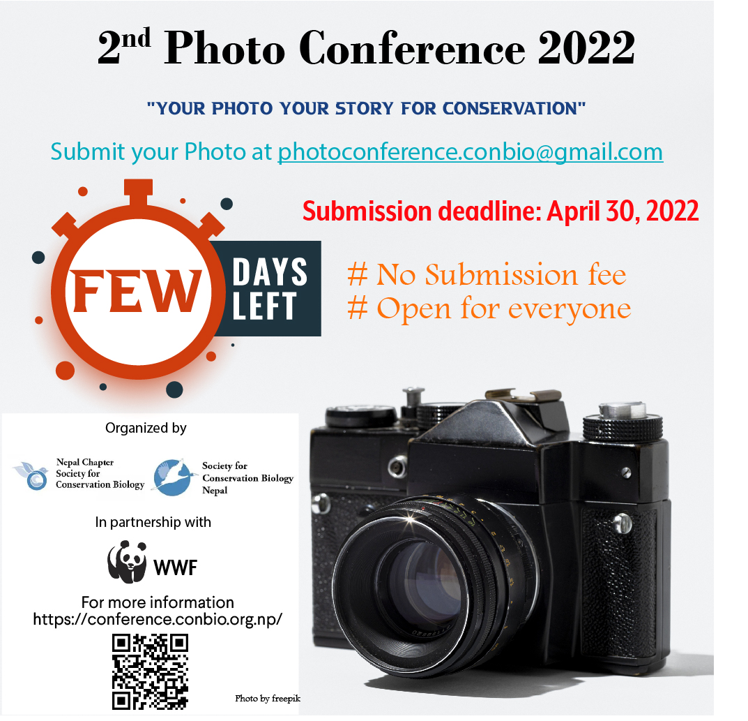 SCBNepal's tweet photo. Deadline Approaching !! Submit your photo at the 2nd Photo Conference 2022 "Your Photo and Your Story for Conservation" and get a chance to win exciting prizes
For more information visit https://t.co/WLp438TD0L
@Society4ConBio @SCBAsia https://t.co/rRcUYvh1xK