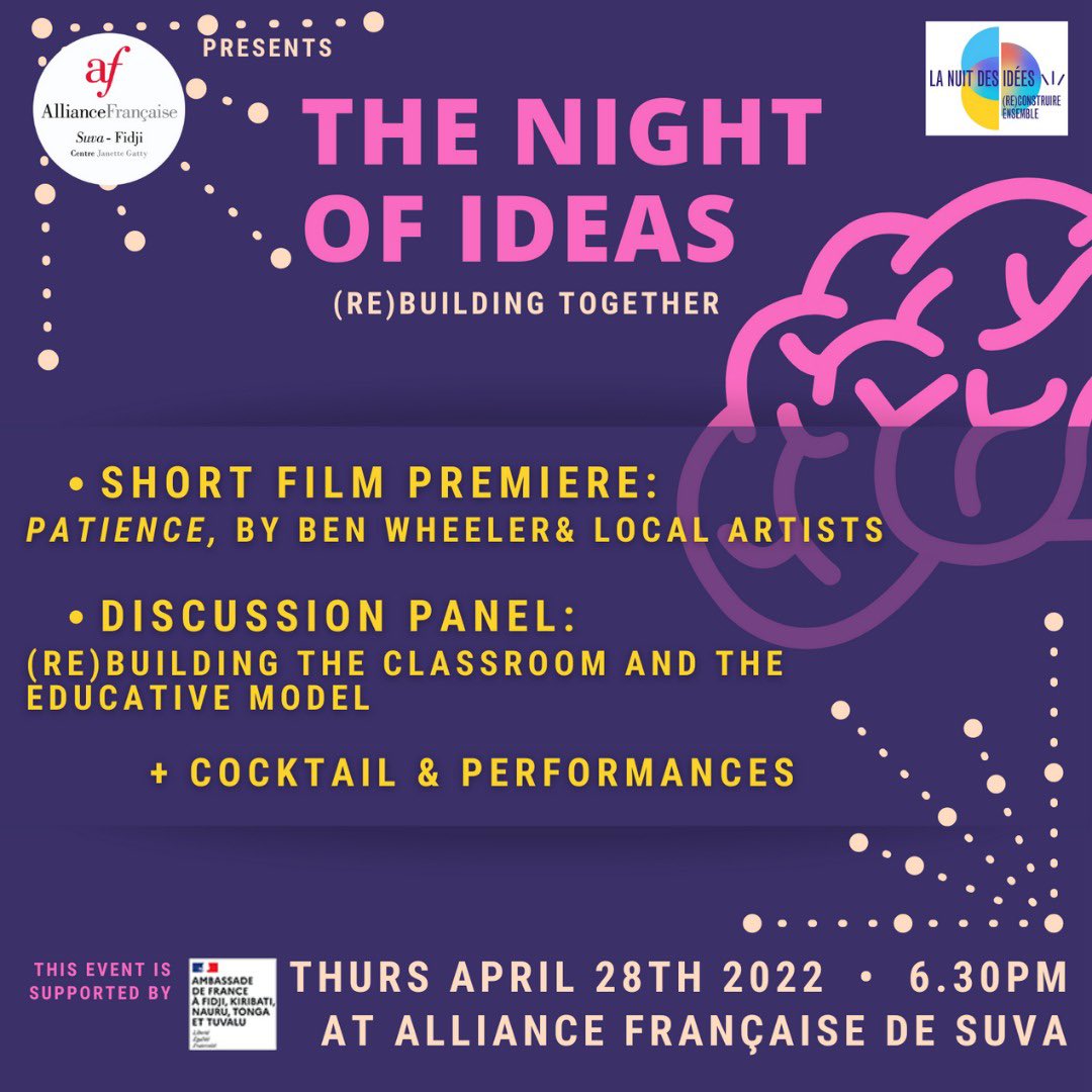 Alliance Française de Suva (@afsuva) on Twitter photo 💡TONIGHT💡#nightofideas2022
We are excited to premiere a short film directed by Benjamin Wheeler with the participation Fijian dancers and musician, and continue the evening with an exclusive panel discussion!
This event is supported by <a href="/ambafrancefj/">France in Fiji</a> 💡TONIGHT💡#nightofideas2022
We are excited to premiere a short film directed by Benjamin Wheeler with the participation Fijian dancers and musician, and continue the evening with an exclusive panel discussion!
This event is supported by <a href="/ambafrancefj/">France in Fiji</a>