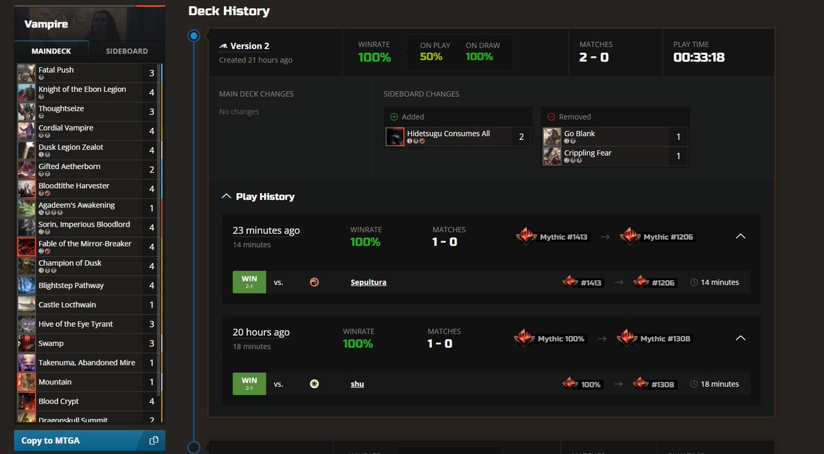 7-1 with Vampires in Historic BO3. Turns out fable of the mirror breaker is a card. Tomorrow I test Lord Xanders Pog 👀