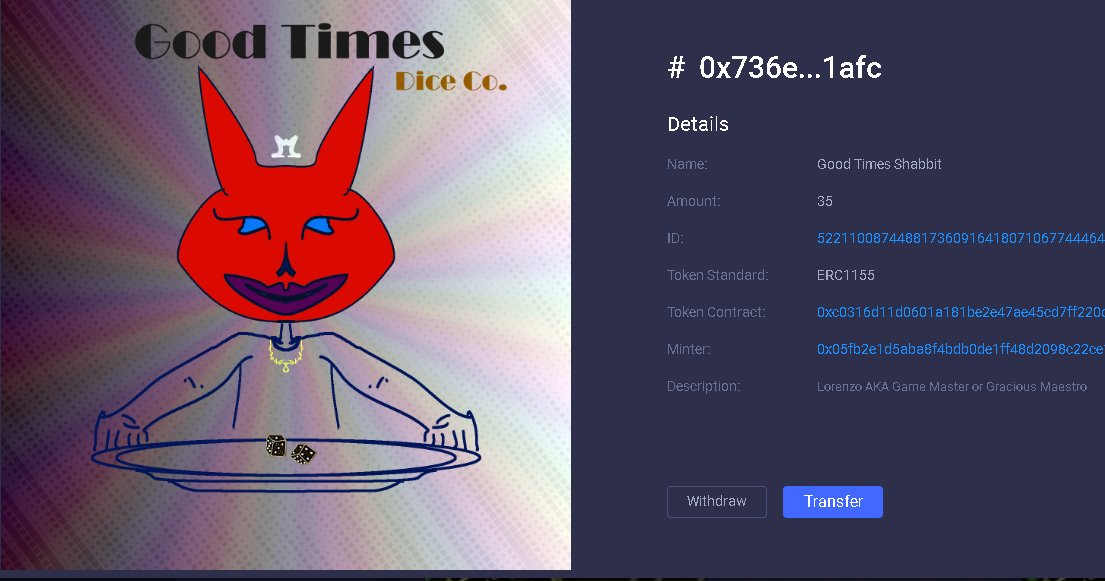 WrockFit's tweet photo. Two lucky players in tonight's #TipDrop (refer to my previous tweet) will be receiving one of the original "Good Times Shabbit" (introduction to Lorenzo) shown as he serves your dice back having approved them for play. 

#loopring #LRCNFT #loopringNFT #LoopringArtists #shakeitup https://t.co/JrPXlybvc3