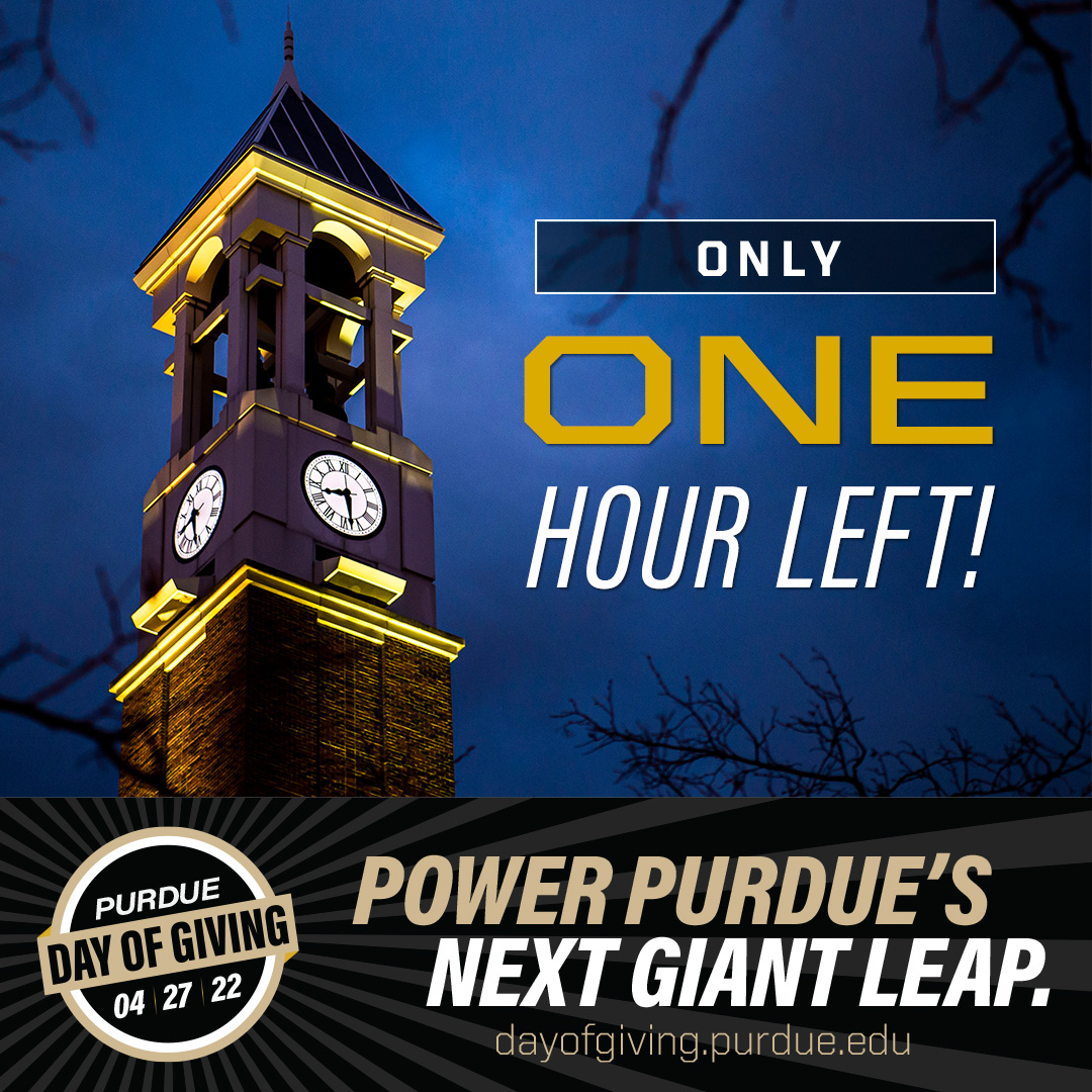 LAST CHANCE TO MEET THE CHALLENGE: The school or program with the most gifts to dayofgiving.purdue.edu this hour wins $2,000 in bonus funds for #PurdueDayofGiving!