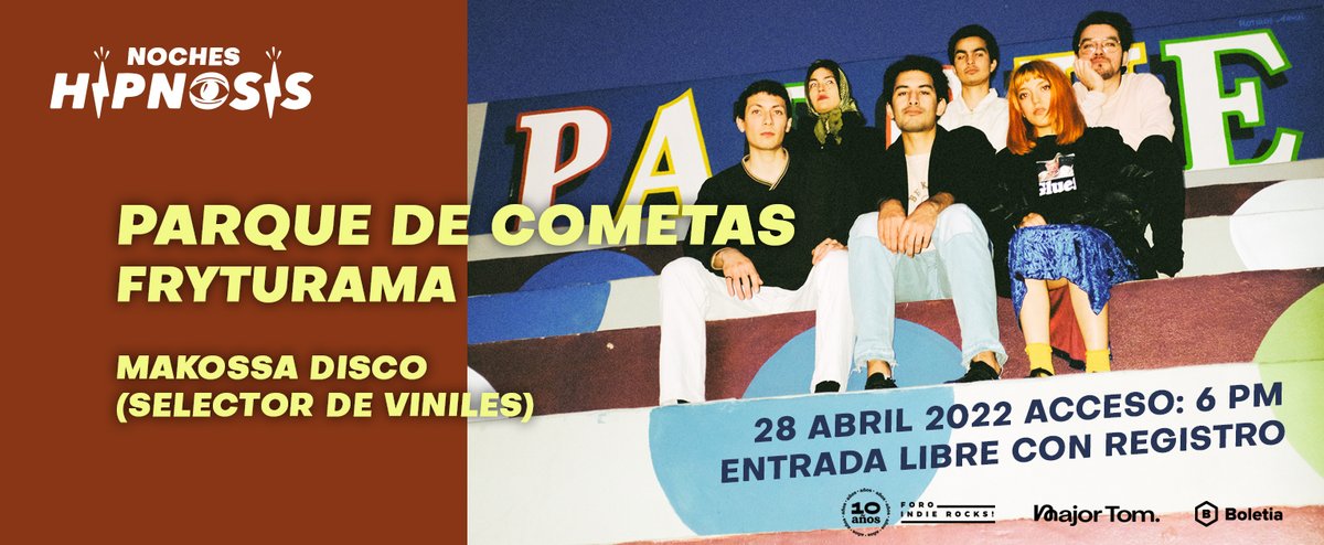 Ya no viene #Crumb, pero tendremos una cósmica #NocheHipnosis amenizada por <a href="/ParqueDeCometas/">Parque de Cometas</a>, <a href="/Fryturamamx/">Fryturama</a> y #MakossaDisco. 🚀✨

¡ENTRADA LIBRE EN ESTE REGISTRO! 👇
bit.ly/3KmWNVt