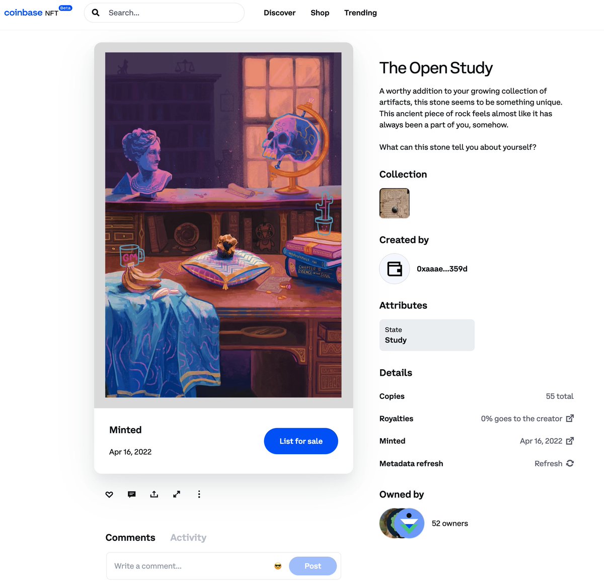 One image but has many thing to notice , did you ?

1) It's Coinbase NFT beta @Coinbase_NFT 
2) It has Comments for comment the NFT work ! 
3) This work is by <a href="/Mathooss/">Mathijs</a> and not many NFT in NFTverse hthat creator will has 0% Royalties :)