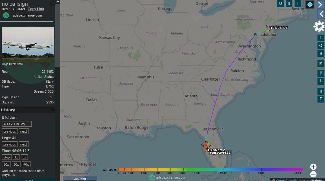 USAF (FEST?) C-32B Gatekeeper 02-4452/#AE0449 of the 486th Flight Test Squadron 

Outbound from Hawaii to somewhere in Asia

4/26 flight from Tampa - Travis AFB 
4/25 flight from McGuire - Tampa