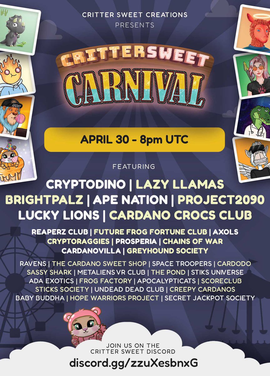 🦧🐒🦍 Get Ready for the @critter_sweet #CritterSweet #Carnival 🦍🐒🦧

#WEAREAPENATION <a href="/Ape_NationNFT/">Ape Nation</a> <a href="/WeAreApeNation/">WeAreApeNation | 1%</a> @cNFTking <a href="/CardanoTrain/">TR₳iN - (ST₳R✨LORD)</a> <a href="/deg_ape/">🦧Mr. APE aka GEM Hunter💎</a>  #APENATION #CNFTCommunity