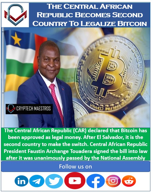 CryptechMaestr1's tweet photo. Second country legalize BTC
#Centralafricanrepublic #legalize #bitcoin #CAR #FaustinArchangeTouadera #cryptocurrency #cryptoupdates #cryptodailynews  #dailycryptoupdates #bitcoinnews #cryptocurrencyupdates #cryptotrading #cryptotraders #bestexchanges #cryptoinindia #wazirx https://t.co/zzOlgXo8Yn
