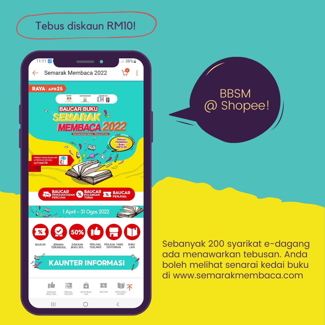 Tiada masa untuk ke kedai buku fizikal? Kini anda boleh menebus Baucar Buku Semarak Membaca di Shopee! Sebanyak 200 syarikat e-dagang ada menawarkan tebusan. Anda boleh melihat senarai kedai buku di semarakmembaca.com

#BaucarBuku #SemarakMembaca
#BBSM2022