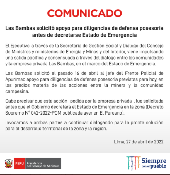 mrochabrun's tweet photo. La @pcmperu borró el tweet con este comunicado sobre lo que ocurrió hoy en Las Bambas. También borró la página donde habían colgado un comunicado en el mismo sentido https://t.co/Nc8E1ikbCd https://t.co/DANAQwpHTF https://t.co/cQN06wzp8A