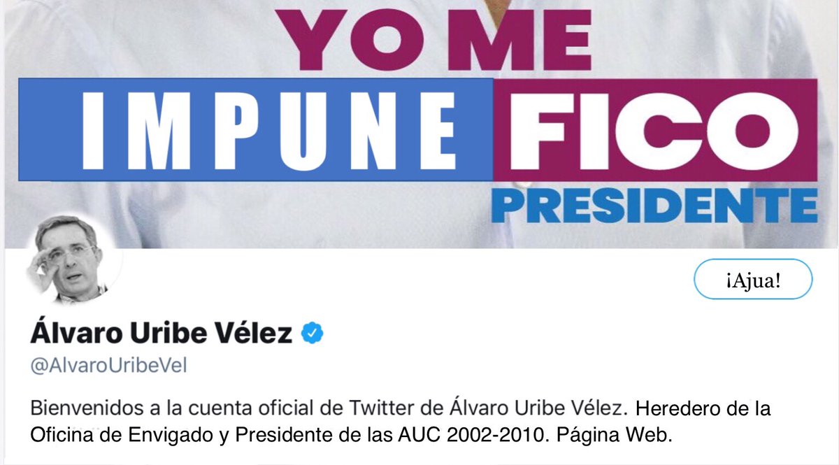 CLONYHD's tweet photo. — #ConFICO yo me impuneFICO—
Álvaro Uribe Velez
Expresidiario Polombiano 1087985 https://t.co/QXtDxrk3iE