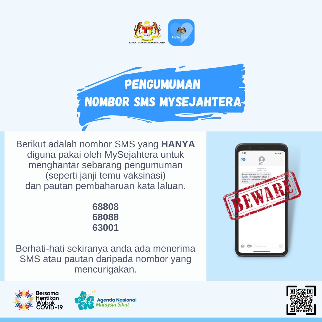 my_sejahtera's tweet photo. Berikut merupakan nombor SMS MySejahtera bagi penghantaran sebarang pautan atau notifikasi seperti pautan lupa kata laluan, janji temu vaksinasi dan sebagainya. 

Sila rujuk infografik ini.

#mysejahtera 
#mysejahteratrace 
#reopeningsafely https://t.co/1WL4nWhAhA