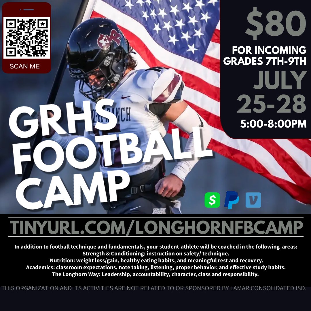7-9th grade football camp Registration now open!!!