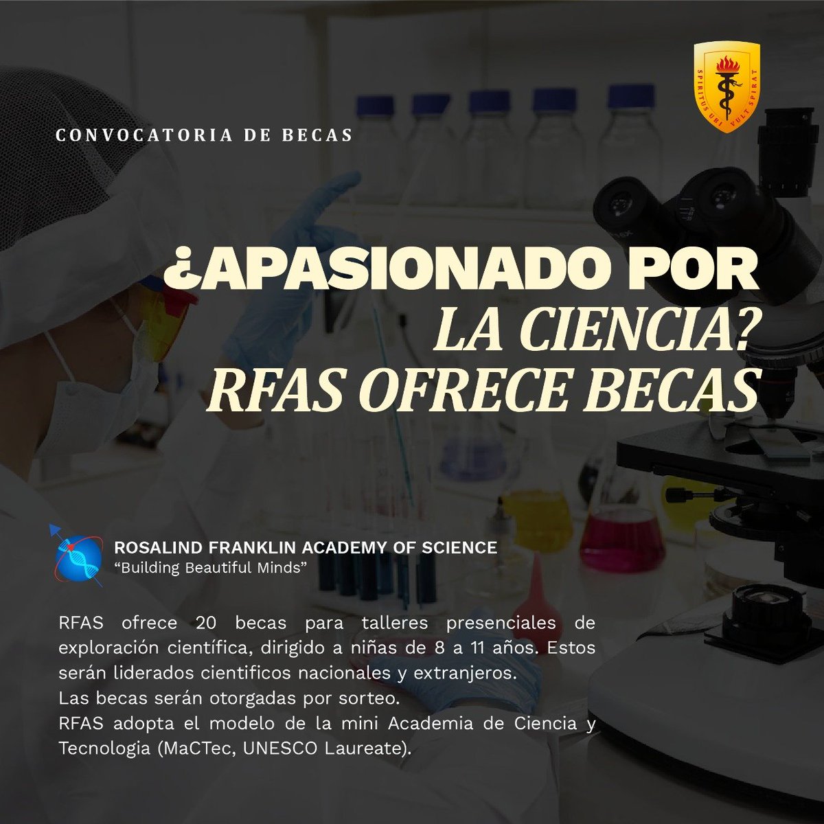 rfas_upch's tweet photo. ✨¡Quedan pocos días para cerrar la convocatoria de las 20 becas para #niñasRFAS 👩🏻‍🔬🧬👩🏻‍🚀!
Si tienes o conoces alguna niña de 8 a 11 años con una mente curiosa, esta es su oportunidad. 
Para mayor información y registro, ingresa al siguiente link: https://t.co/dyd4uQqNzq https://t.co/0XlbCpaZLG