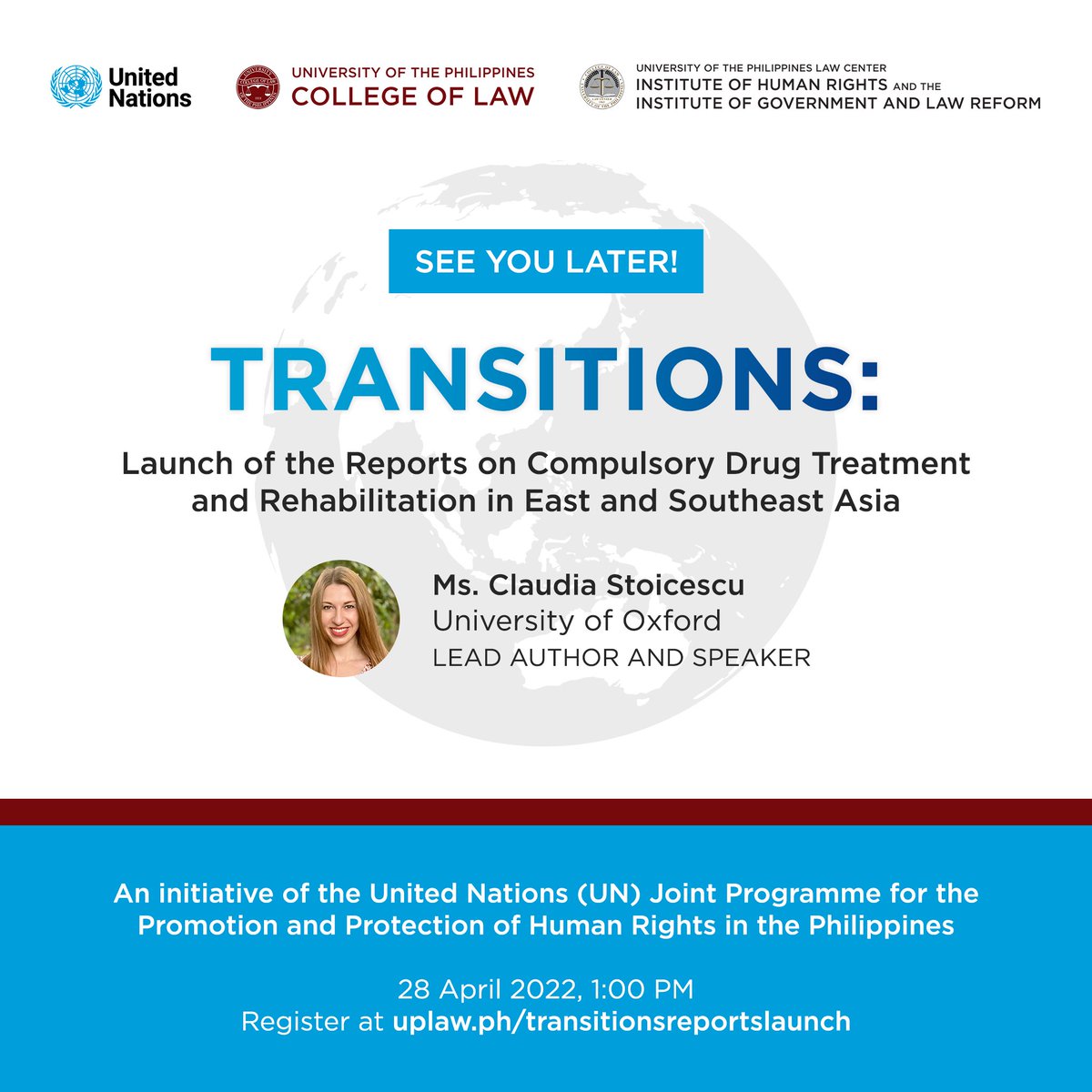 See you all in the United Nations and UP Law Event: TRANSITIONS: Launch of the Reports on Compulsory Drug Treatment and Rehabilitation in East and Southeast Asia.

Zoom link as follows: uplaw.ph/transitionsrep…

#UnitedNations #UPLaw #TRANSITIONS #UNJointProgramme #HumanRights