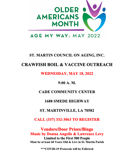 visitstmartin's tweet photo. Mark your calendars for the upcoming Crawfish Boil &amp; Vaccine Outreach event with the St. Martin Council on Aging! https://t.co/px7XafqHjH