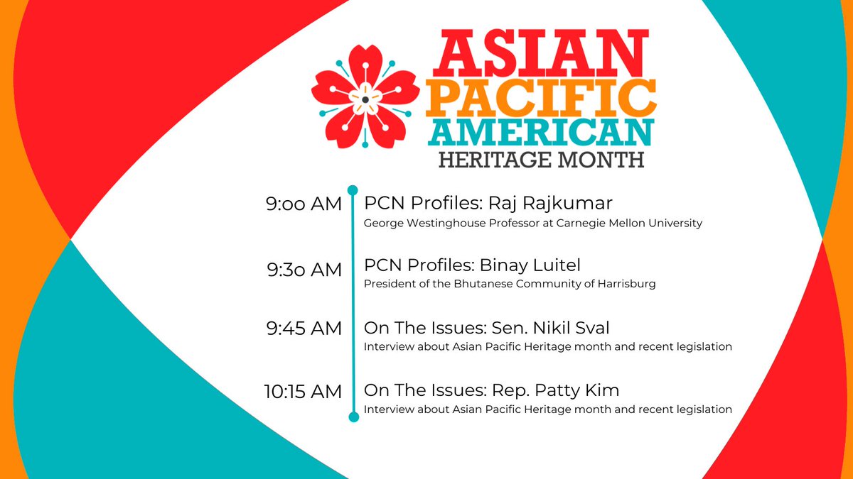 pcntv's tweet photo. This Sunday, tune in for special #APAMonth programming featuring:
Raj Rajkumar of @CarnegieMellon @CMUEngineering
Binay Luitel of the Bhutanese Community of Harrisburg
@SenatorSaval
@RepPattyKim
➡️ https://t.co/aXSiQkWvx5 https://t.co/4jvO4J5sNI