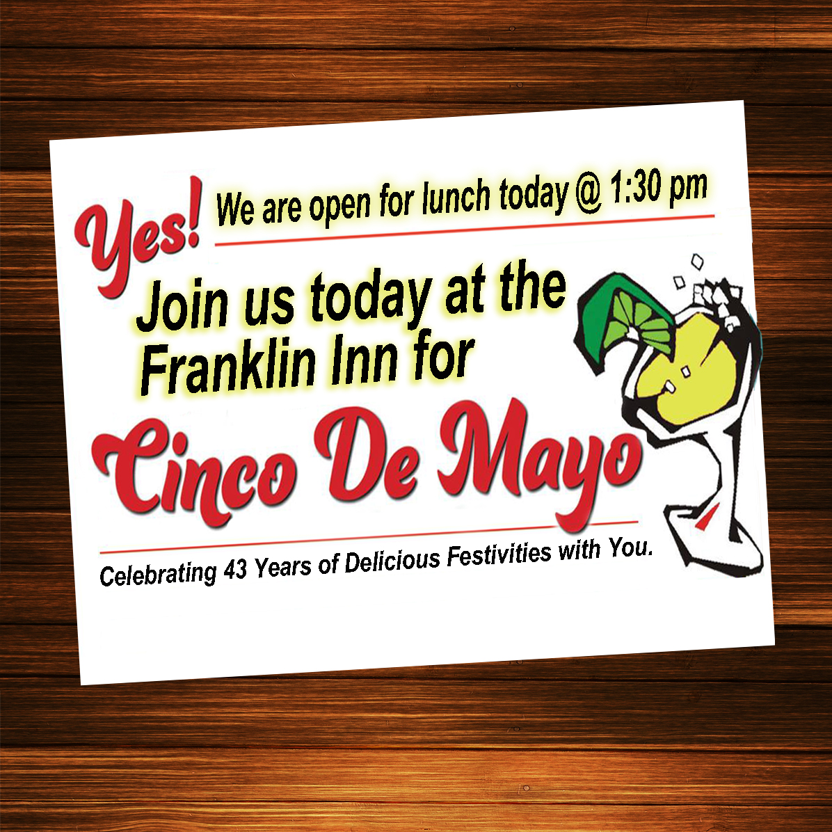 The weather is beautiful. Join us today. Kitchen hours are 1:30 pm to 9pm.  Our tent is up to enjoy while you wait for a table.