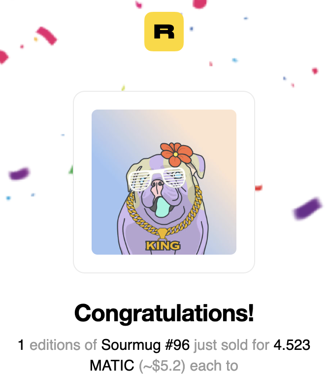 SourmugAC's tweet photo. 🎉 Sourmug 96 sold! 🎉

Get yours from the current batch of 100 available!
https://t.co/hy1tqKsJ3a
https://t.co/IFdmpcY4WT

#NFT #NFTs #PolygonNFTs #PolygonNFT #NFTProject #NFTCollection #EthereumNFTs https://t.co/Zxqdwx4TSg