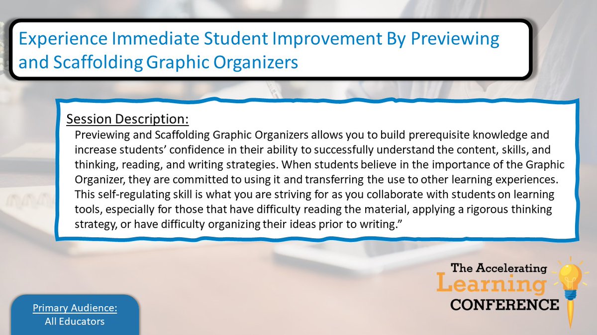 Graphic Organizers are one of the most powerful learning strategies in a #teacher's toolbox. Find out how combining them w/ Previewing and Scaffolding multiple their effect! Learn more at The Accelerating Learning Conference! bit.ly/Accel-Learning #AcceleratingLearning #edchat