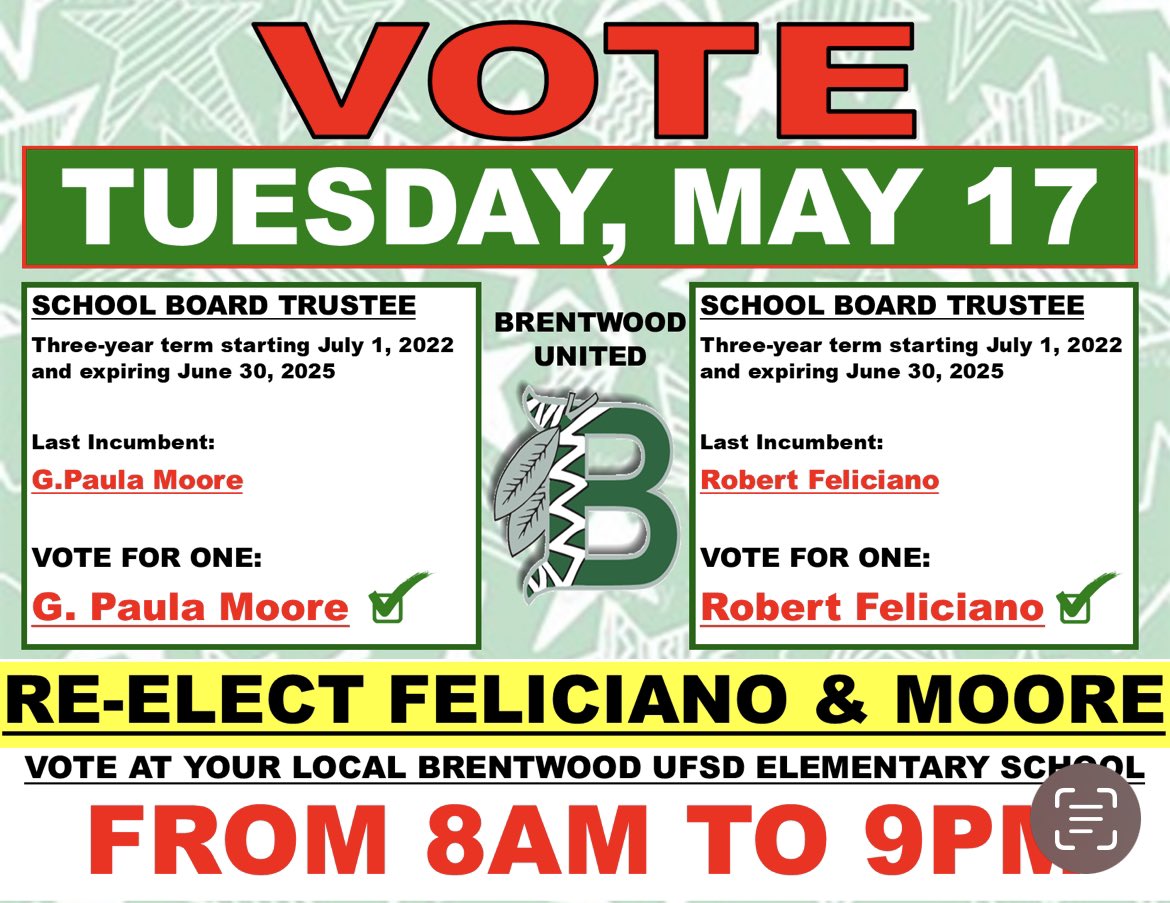 mjprescod's tweet image. 💚 Vote for Brentwood School Board Trustee Robert Feliciano and Paula Moore for the Brentwood Union Free School District Board of Education this May 17!! Support the School Budget by Voting YES!! 0% tax levy increase!