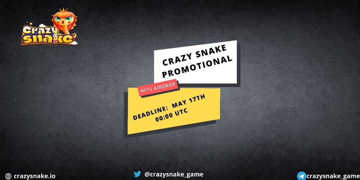 💥Hey Future Snake Breeders💥 @CrazySnake_Game is here! 🪂Airdrop on the way!🪂 🏆USD and Free NFTs Prize 🤑Total of 20K USD + 6120 NFTs as rewards! 📆Deadline： May 17th 00:00 UTC ✔️How to Participate: gleam.io/w3FDs/crazy-sn… #AirdropCrypto #NFTGiveaway #GameFi