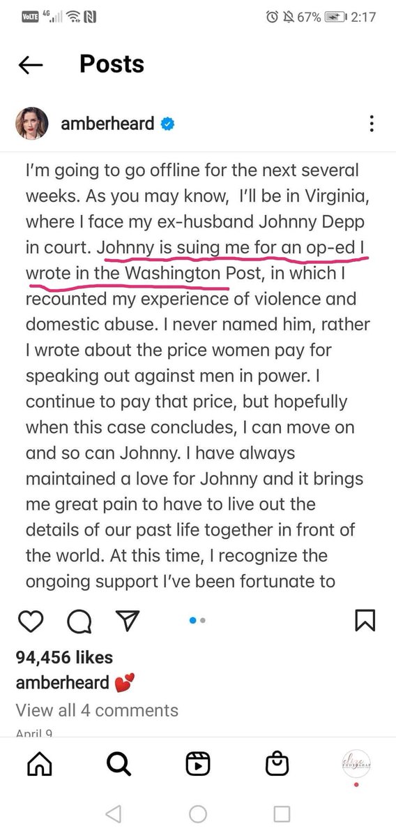 Elizevh's tweet photo. Amber's Lawyers: Amber heard did not write the op-ed. 
Amber Heard's Instagram page... "Johnny is suing me for an op-ed I wrote"  Literally admits to writing it on her public IG page
.
#JusticeForJohnnyDepp https://t.co/K7OIdNtlsm