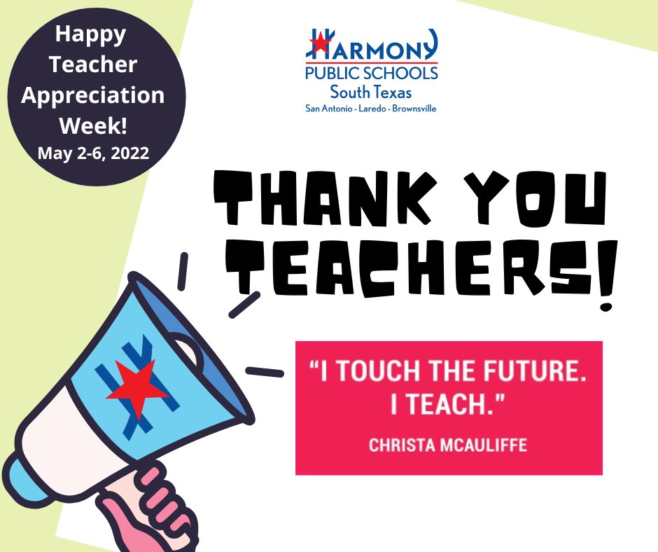 Happy Day 4 of #TeacherAppreciationWeek2022! Thank you Harmony Teachers <a href="/HSISanAntonio/">HSI-San Antonio</a> <a href="/hsibrownsville/">HSI Brownsville</a> <a href="/HSILaredo/">HSI Laredo</a> @HsasaTigers <a href="/HsaLaredo/">HSA Laredo</a> <a href="/hsbrownsville/">HSA Brownsville</a> <a href="/HseLaredo/">HSE Laredo</a> @HSExcellenceSA for being mentors, difference makers and inspiring young minds with education and a caring spirit!🍎