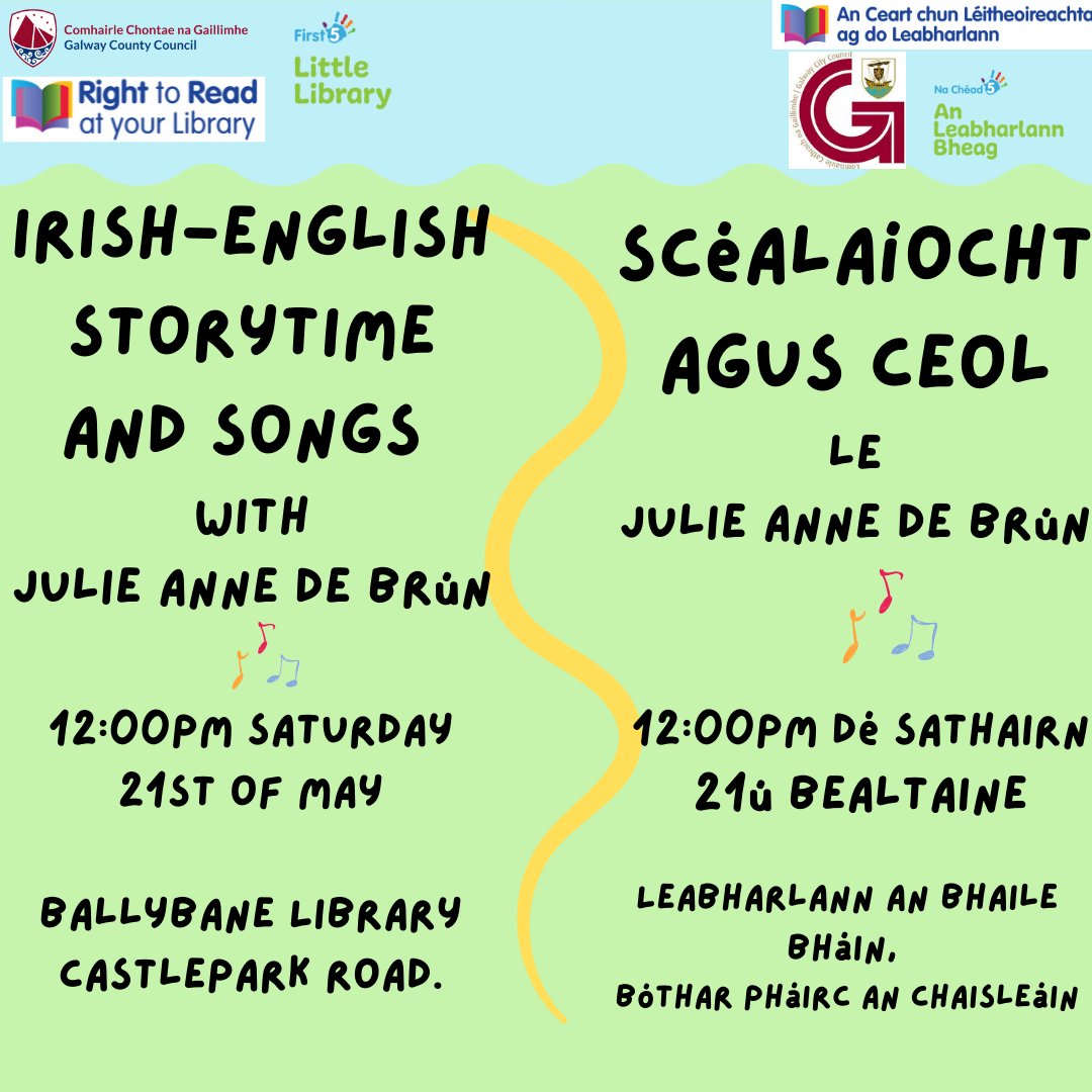 LibrariesGalway's tweet photo. Join us this Saturday 21st at 12.00pm in Ballybane Library for an extra-special Irish-English Storytime with @J_A_deBrun
#littlelibrarybags #rightoread #springintostorytime @LibrariesIre @GalwayCoCo @GalwayCityCo https://t.co/l1Q9p3WwX2