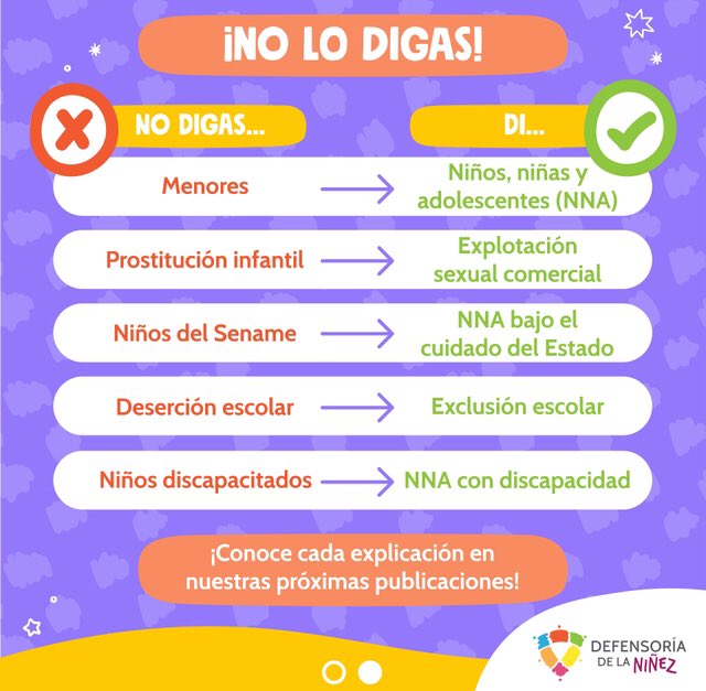 defensorianinez's tweet photo. 📢USTED NO LO DIGA❗️

👉🏽El respeto a los derechos de niños, niñas y adolescentes pasa también por cómo hablamos de ellos y ellas. Por eso te compartimos estos tips de frases muy comunes que debieras evitar 👀

#TodosSomosDefensores https://t.co/eUfBkZu67f