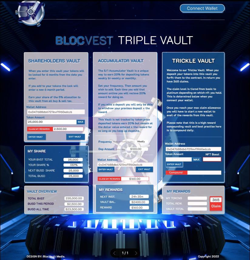 BlocVaultAPP's tweet photo. Welcome to BlocVest🔥

The front end of BlocVest is now finished and will now be connected to the backend to soon begin testing!🚨

Get ready, BlocVest will make it easy for anyone to make a passive income through blockchain technology!✅
#binance #BSC #web3 #crypto https://t.co/No2XAXviCJ