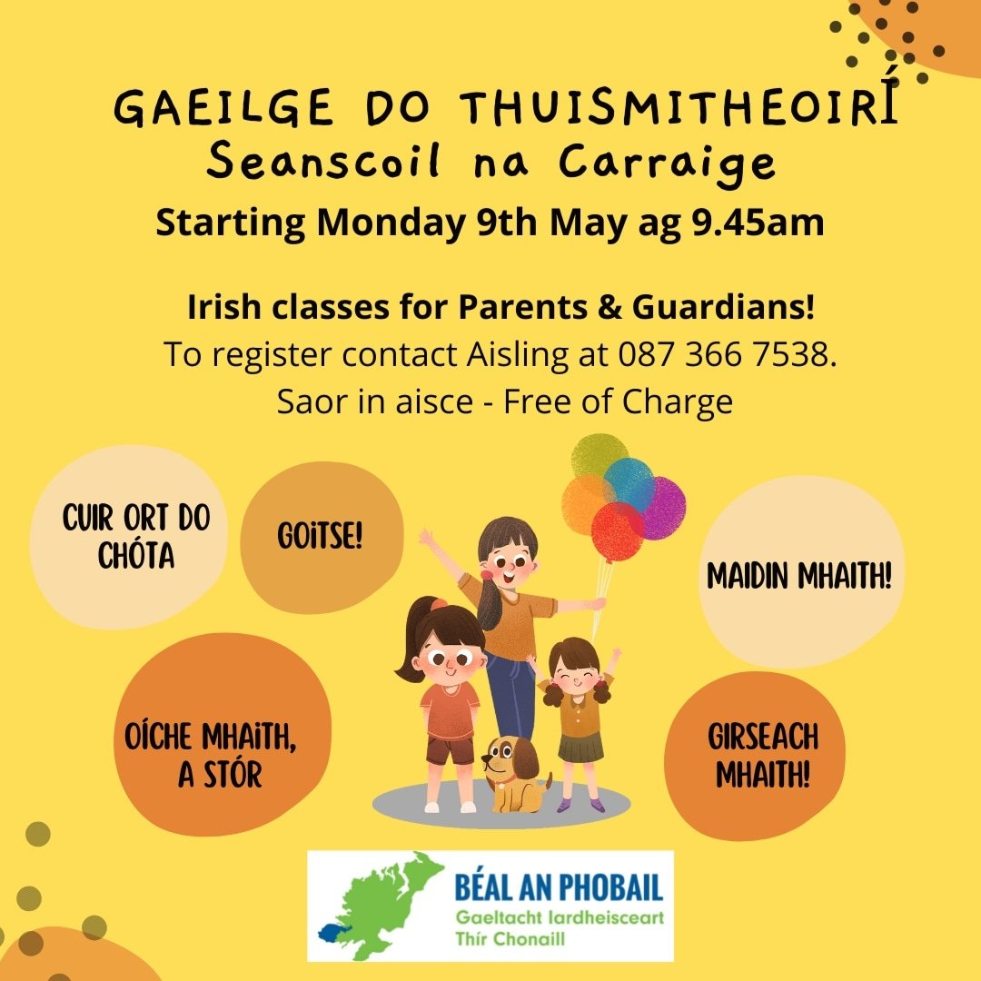 bealanphobail's tweet photo. 👶 Gaeilge do Thuismitheoirí - An Charraig 

Classes begin at 9.45am to allow for school runs with doors open at 9.30am for tae &amp; brioscaí. The course will last 4 weeks 🙌

Eolas - Aisling ag bealanphobail@gmail.com nó 087 366 7538 https://t.co/OODYNcQdOd