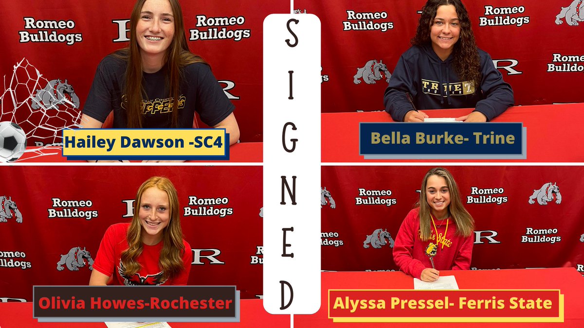 Congratulations to a few of our most recent Athletes signing to play at the next level! <a href="/RomeoHS_WSOC/">Romeo HS Women’s Soccer</a> <a href="/RHSDEM/">RHS DEM Academy</a> <a href="/RHSBEI/">RHS BEI Academy</a> <a href="/RomeoHHP/">Health Human & Public Service Academy At Romeo</a> <a href="/RomeoAthletics/">Romeo Bulldogs Athletics</a> <a href="/Romeo_ATC/">RHS AthleticTraining</a>