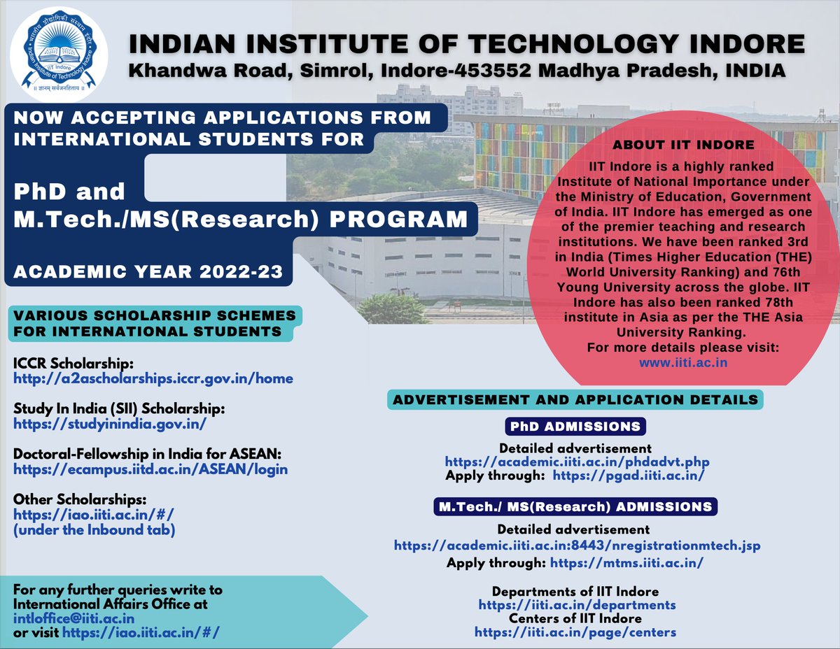 sirc_iitindore's tweet photo. IIT Indore now accepting applications from international students for PhD and https://t.co/ubEPrgquDI./MS(Research) programs! 
For more information visit the above-mentioned sites, in case of any further queries contact the International Affairs Office at @IITIOfficial . https://t.co/msKVJrI28g