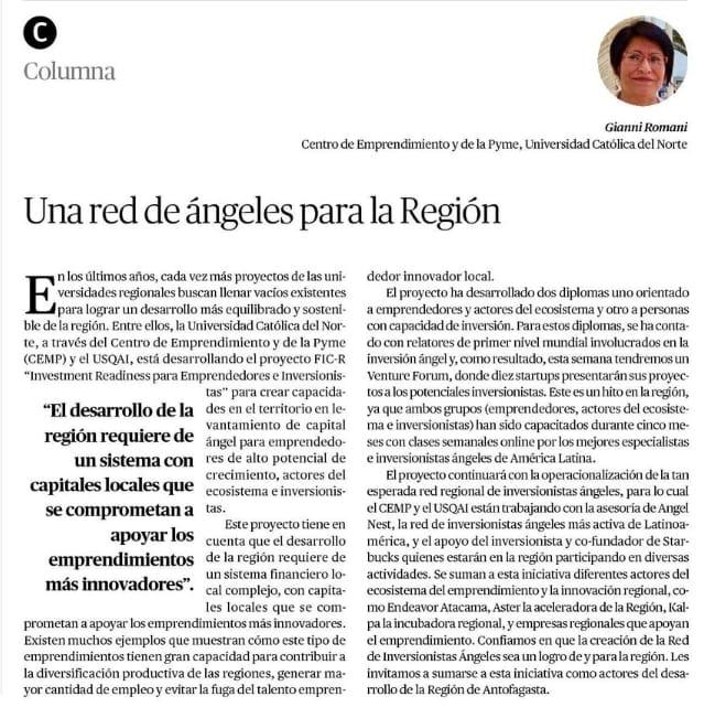 Compartimos con ustedes la columna de la Directora del CEMP, Gianni Romaní, publicada en El Mercurio de Antofagasta. 
"Una red de ángeles para la región".

#Antofagasta #Inversionistas #ColumnaOpinión