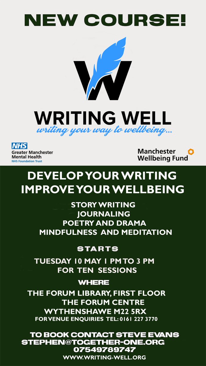 Thrilled and excited to be starting our creative writing and wellbeing course on Tuesday, 10 May. Places available but going fast. @togetherand1 @GMMH_NHS @buzzmanc @ForumCentre @MancLibraries