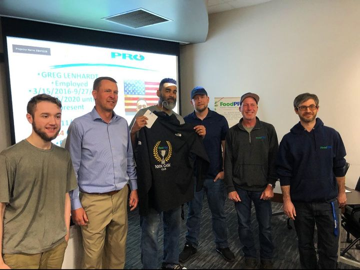 FoodPRO_Corp's tweet photo. Help us congratulate one of our top selectors Greg Lenhardt for surpassing 100K selections without any errors!   Welcome to the “100K Case Club” Greg!  Congratulations! #foodprofamily #foodproexcellence #theunsangheroes
(L-R):Bailey D, Scott B, Greg L, Joe W, Kevin P, Jeremy A https://t.co/28TLmDPTA8