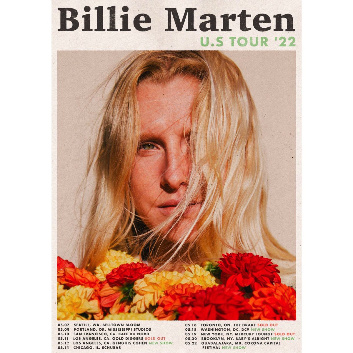 BillieMarten's tweet photo. Murica hello to you !! Tour begins this Saturday @Belltownbloom, various city recs welcome along the way 🧃 https://t.co/buH4mgLVi4