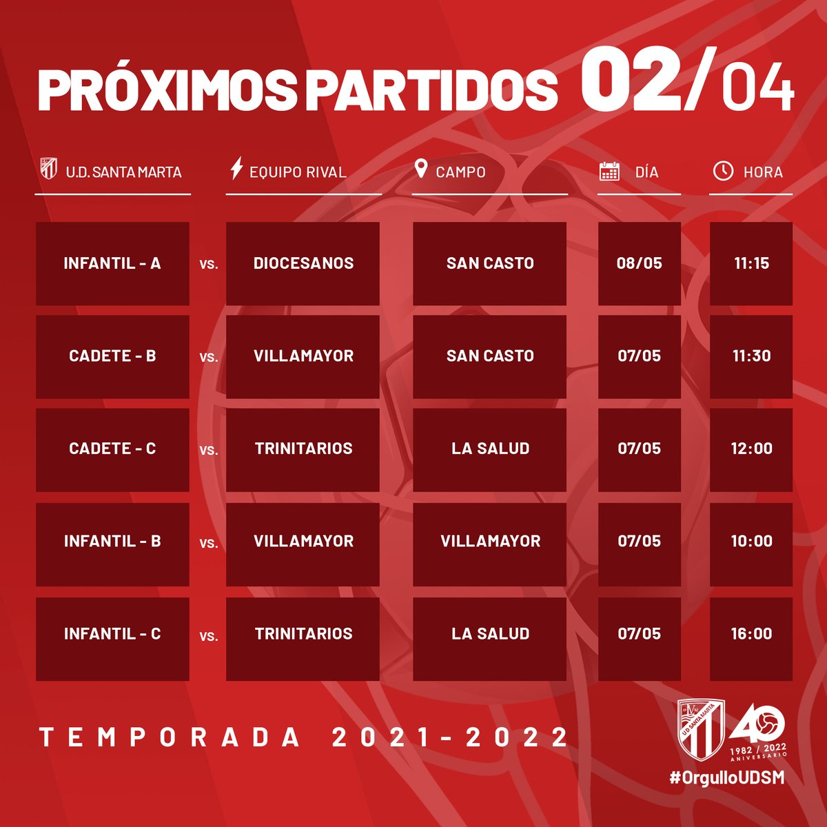 UDSantaMarta's tweet photo. 📝⚽️ | 𝗛𝗼𝗿𝗮𝗿𝗶𝗼𝘀 𝗱𝗲 𝗽𝗮𝗿𝘁𝗶𝗱𝗼𝘀 #3RFEF 𝗰𝗮𝗻𝘁𝗲𝗿𝗮𝗨𝗗𝗦𝗠.

#OrgulloUDSM 🔴⚪️
#futbolcharro ⚽️
#SiempreContigo 🚩 https://t.co/HamPavpxIp