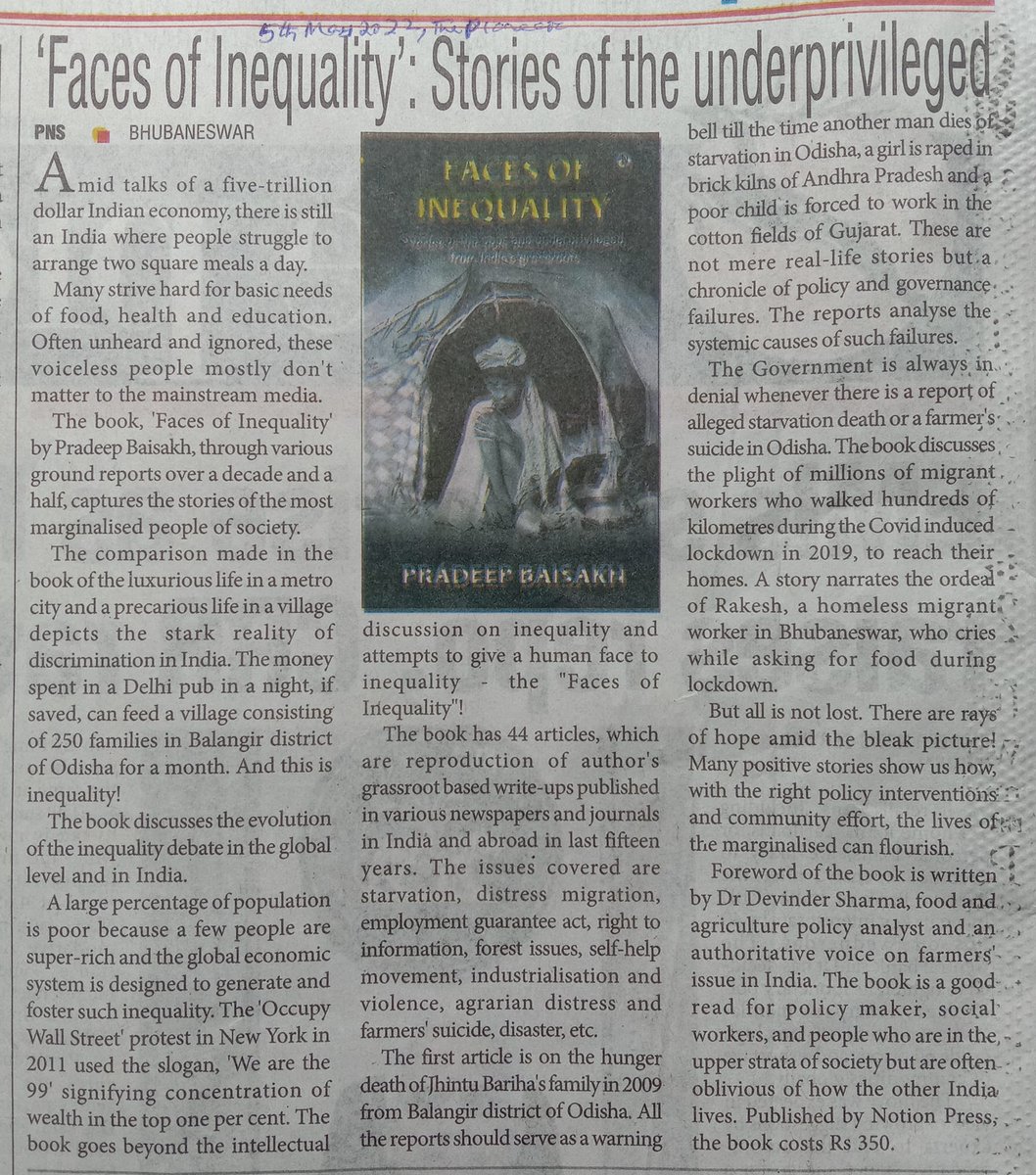 pradeepbaisakh's tweet photo. The Pioneer, Bhubaneswar edition did a review of my book, "Faces of Inequality" today. #FacesOfInequality #inequality https://t.co/iOk7cLu2Fc
