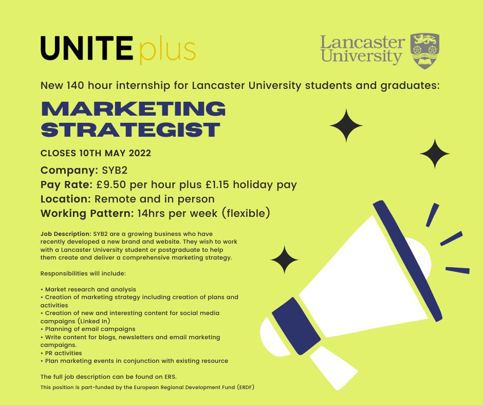 UNITEplusLanc's tweet photo. New: 140 Hour Internship

Paid: National Living Wage

Company: SYB2

Closing Date: 10/05/22

https://t.co/qYL7cxoSrg https://t.co/oKjxAd5tri
