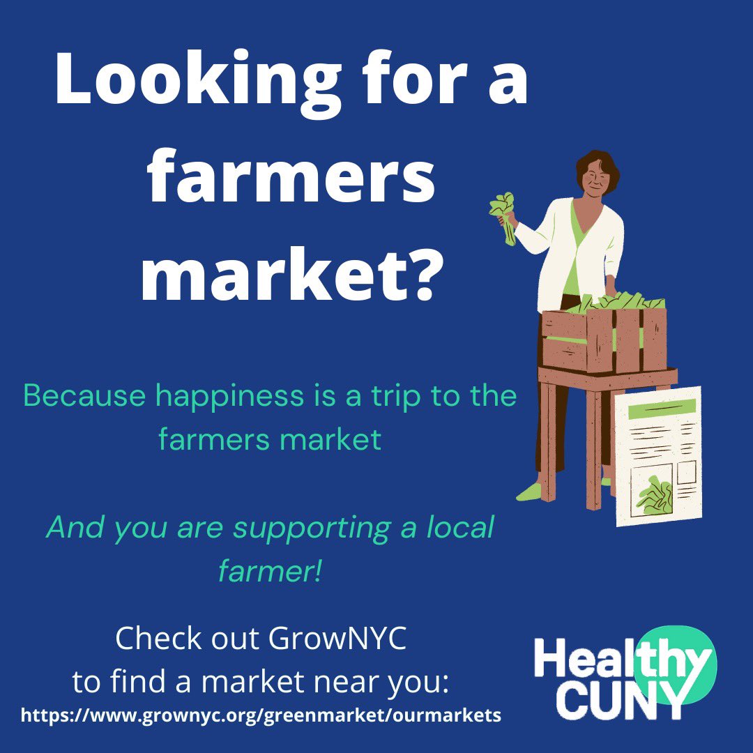 HealthyCUNY's tweet photo. Farmers markets are a great way to get fresh, healthy produce while supporting local farmers.

Check out a local market today and don’t forget to use #HealthBucks if you are enrolled in SNAP! Need help enrolling? Contact a #CUNY Navigator today #HealthyCUNY https://t.co/H0C8PT8zie
