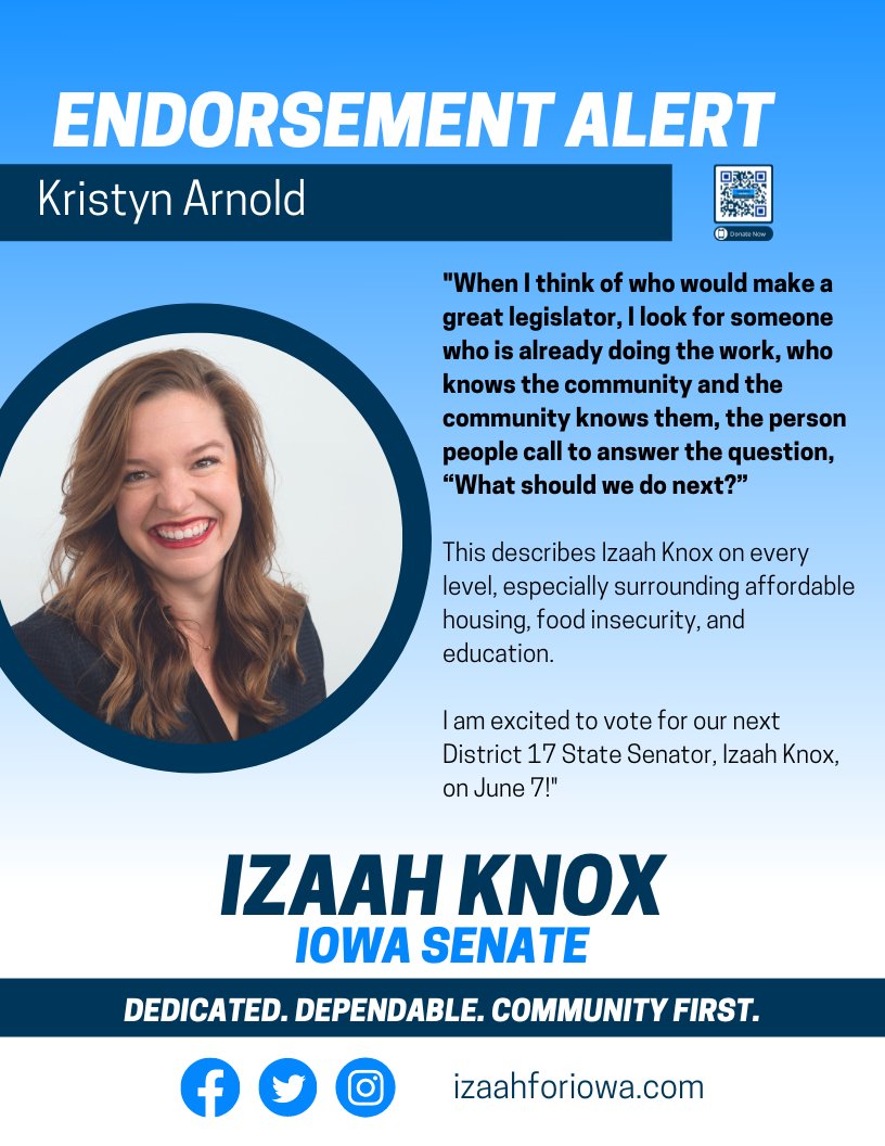 IzaahforIowa's tweet photo. Thank you, Kristyn. 

Your endorsement and vote mean a lot as an affordable housing expert with @AnawimHousing, friend, neighborhood connector, and SD17 constituent. https://t.co/gCDVK3onAa