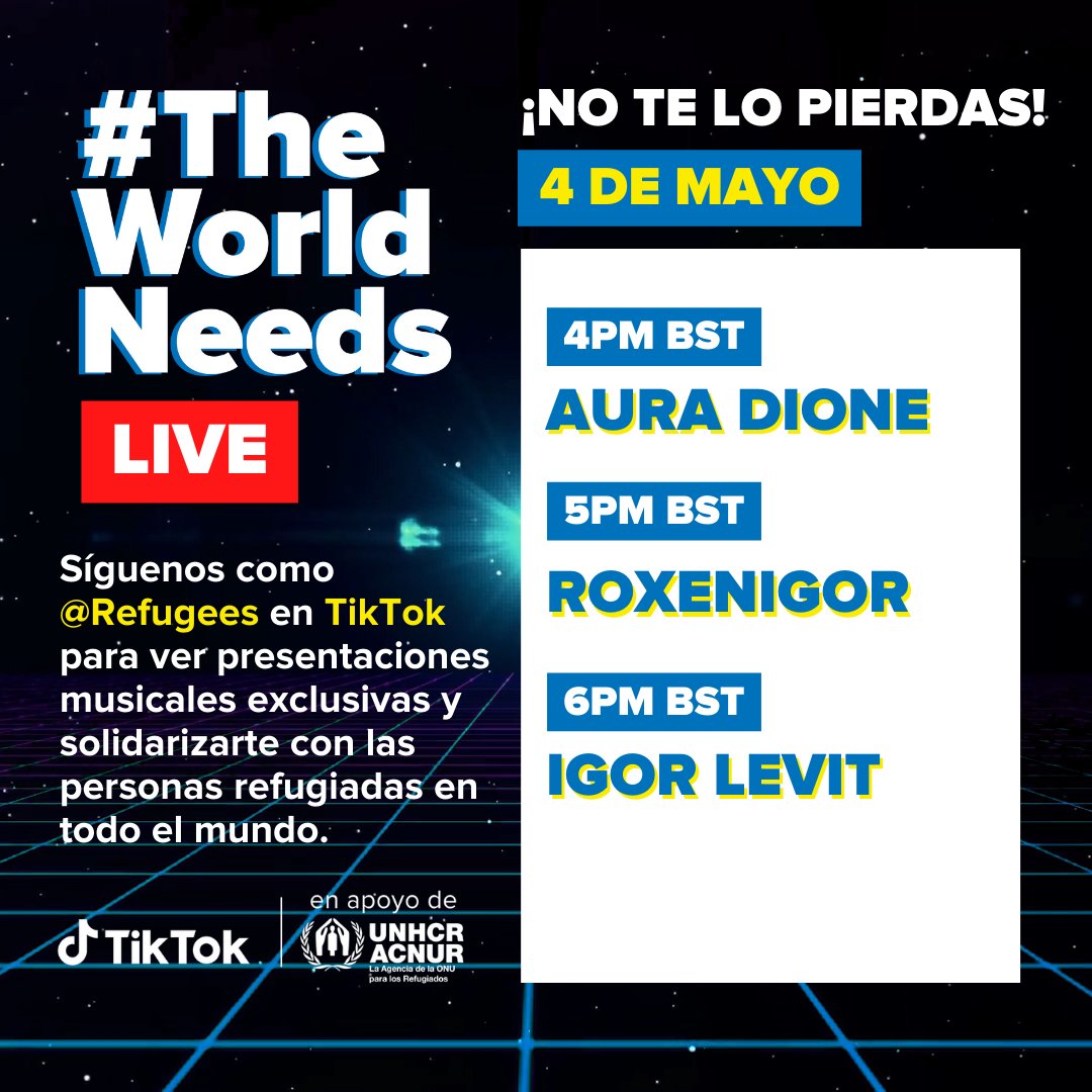 TikTok_ES's tweet photo. Junto con @ACNURspain, hemos lanzado #TheWorldNeeds 🙌 Una serie de conciertos en directo 🎶 con creadores, artistas y nuestra comunidad global para brindar apoyo a los refugiados en Ucrania 🇺🇦 y del resto del mundo✨
Únete #HOY en #TikTok 👉 https://t.co/T6IpgIZu8b https://t.co/QxX6JGy5ja