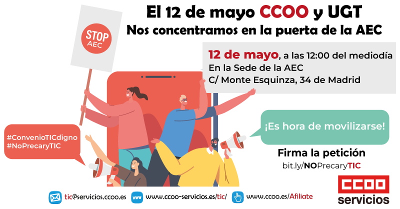 TICCOOservicios's tweet image. Es momento de dar un paso más. La AEC y asociados quieren que trabajes 12 horas al día y gratis los sábados y así lo propusieron, CCOO NO MIENTE.

ES HORA DE MOVILIZARSE‼️

📅12 mayo
🕛12 Mediodía
🕋Sede de la AEC:

➕Info bit.ly/12mayoAEC

#NoPrecaryTIC #ConvenioTICDigno