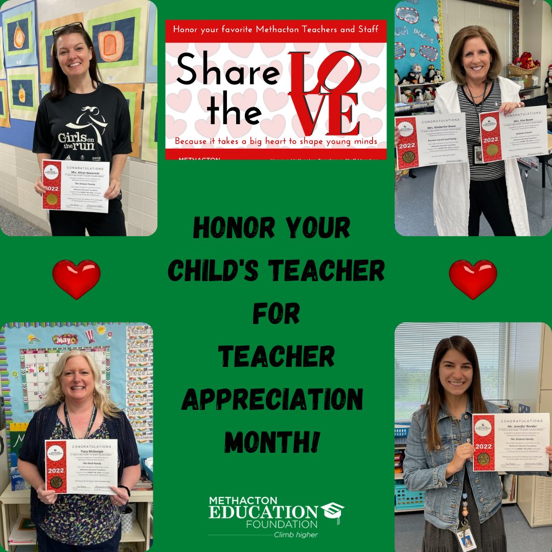 #ShareTheLove with your child's teacher! May is #TeacherAppreciationMonth, and the #MethactonEducationFoundation has your covered. Visit our website to place an order: ow.ly/RImW50IZirW
#ClimbHigher #ThankYouMSDStaff #MSDPride